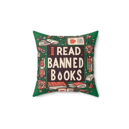 I Read Banned Books - Timeless Floral Bookshelf Illustration - Spun Polyester Square Pillow