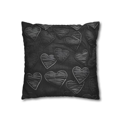 Black: Distressed Denim-Inspired Fabric Heart Embroidery Design - Spun Polyester Square Pillow Case