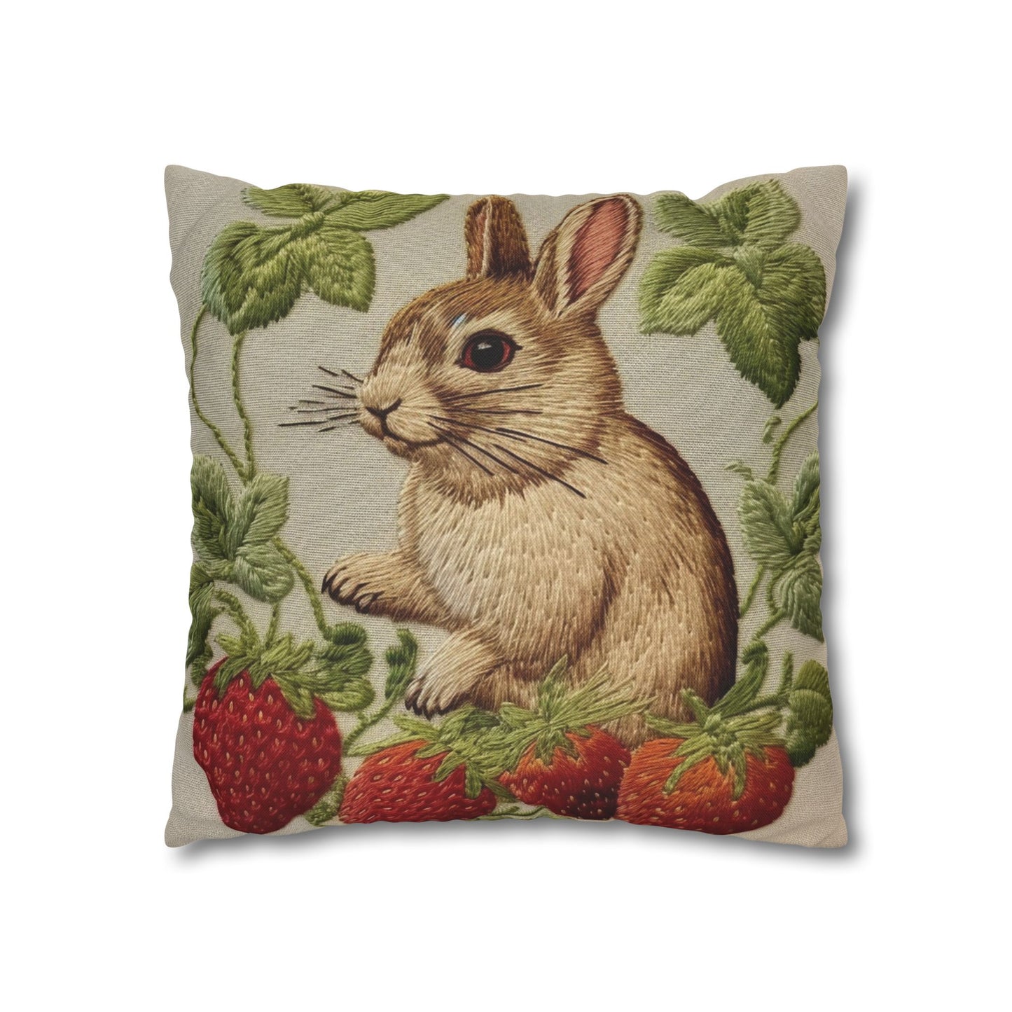 Strawberry Bunny Rabit - Embroidery Style - Strawberries Fruit Munchies - Easter Gift - Spun Polyester Square Pillow Case