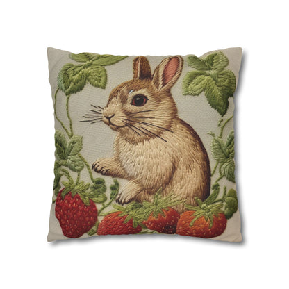 Strawberry Bunny Rabit - Embroidery Style - Strawberries Fruit Munchies - Easter Gift - Spun Polyester Square Pillow Case