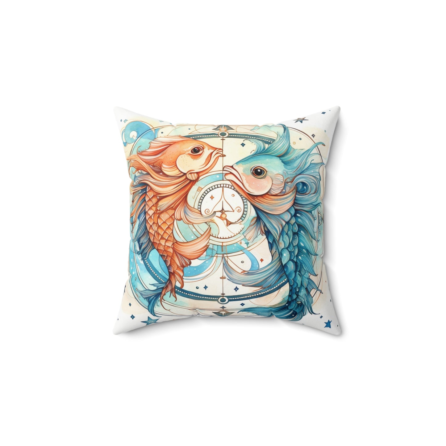 Pisces Zodiac Horoscope - Starry Watercolor & Ink, Hyper-Detailed Fish Spun Polyester Square Pillow