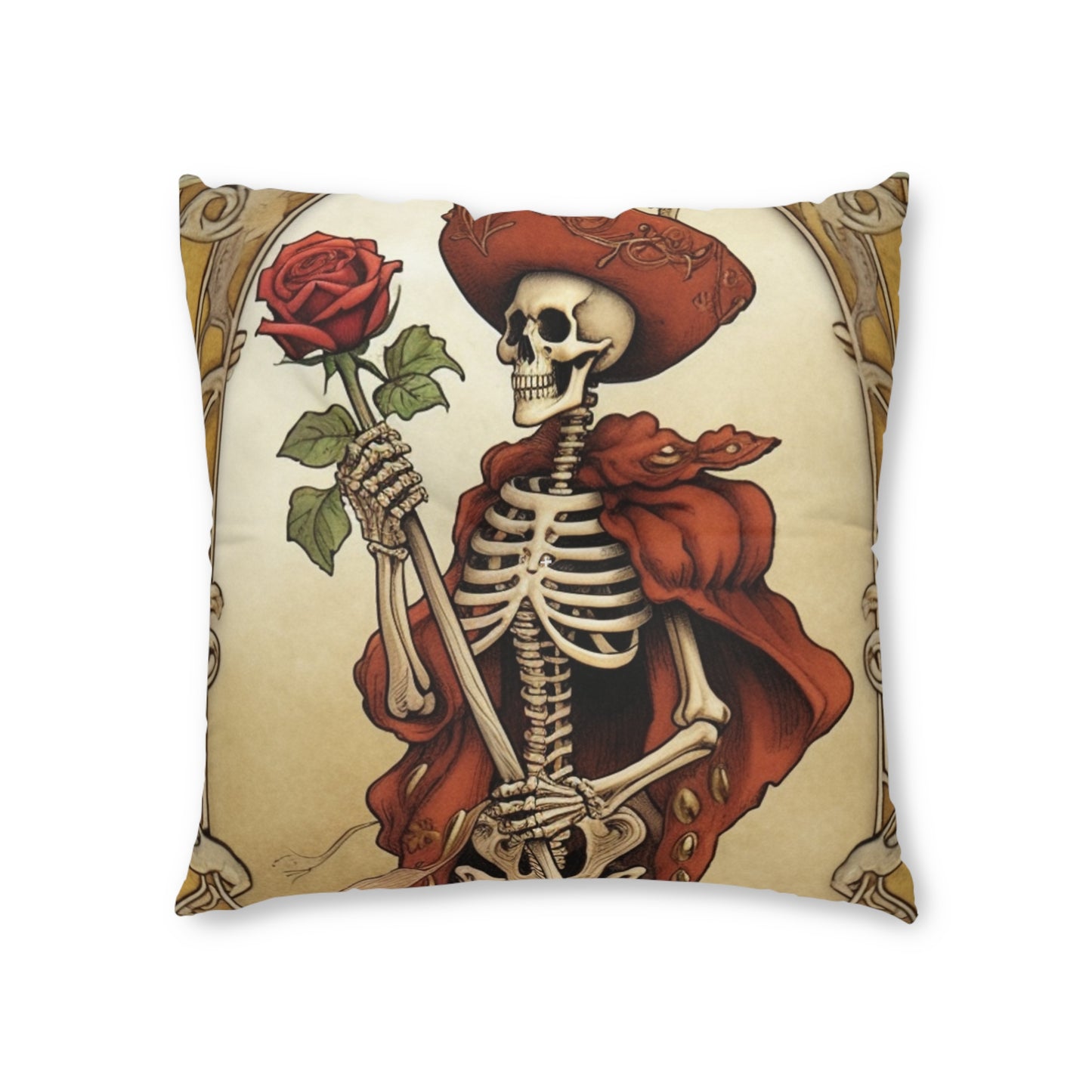 Death Card Tarot - Skeleton, Rose, and Transformation Journey - Tufted Floor Pillow, Square