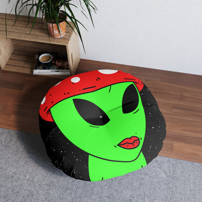 Multi Visitor (2) Green Alien w/ Devil Wings + Mushroom Head Tufted Floor Pillow, Round