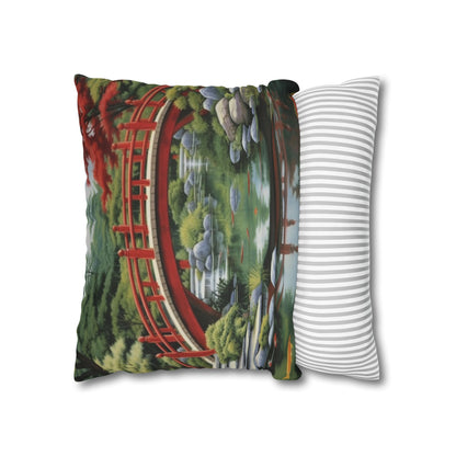 Japanese Garden Art - Tranquil Koi Pond Red Bridge Spun Polyester Square Pillow Case