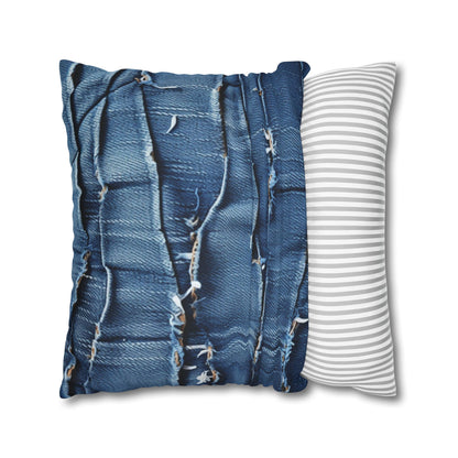 Midnight Blue Distressed Denim: Rugged, Torn & Stylish Design - Spun Polyester Square Pillow Case