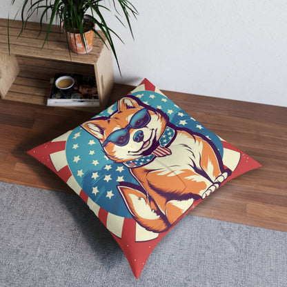 Patriotic Shiba Inu Retro Cartoon -Synthwave Summer Animation Tufted Floor Pillow, Square