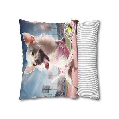 Chihuahua Tennis Ace: Dog Pink Outfit, Court Atheletic Sport Game - Spun Polyester Square Pillow Case