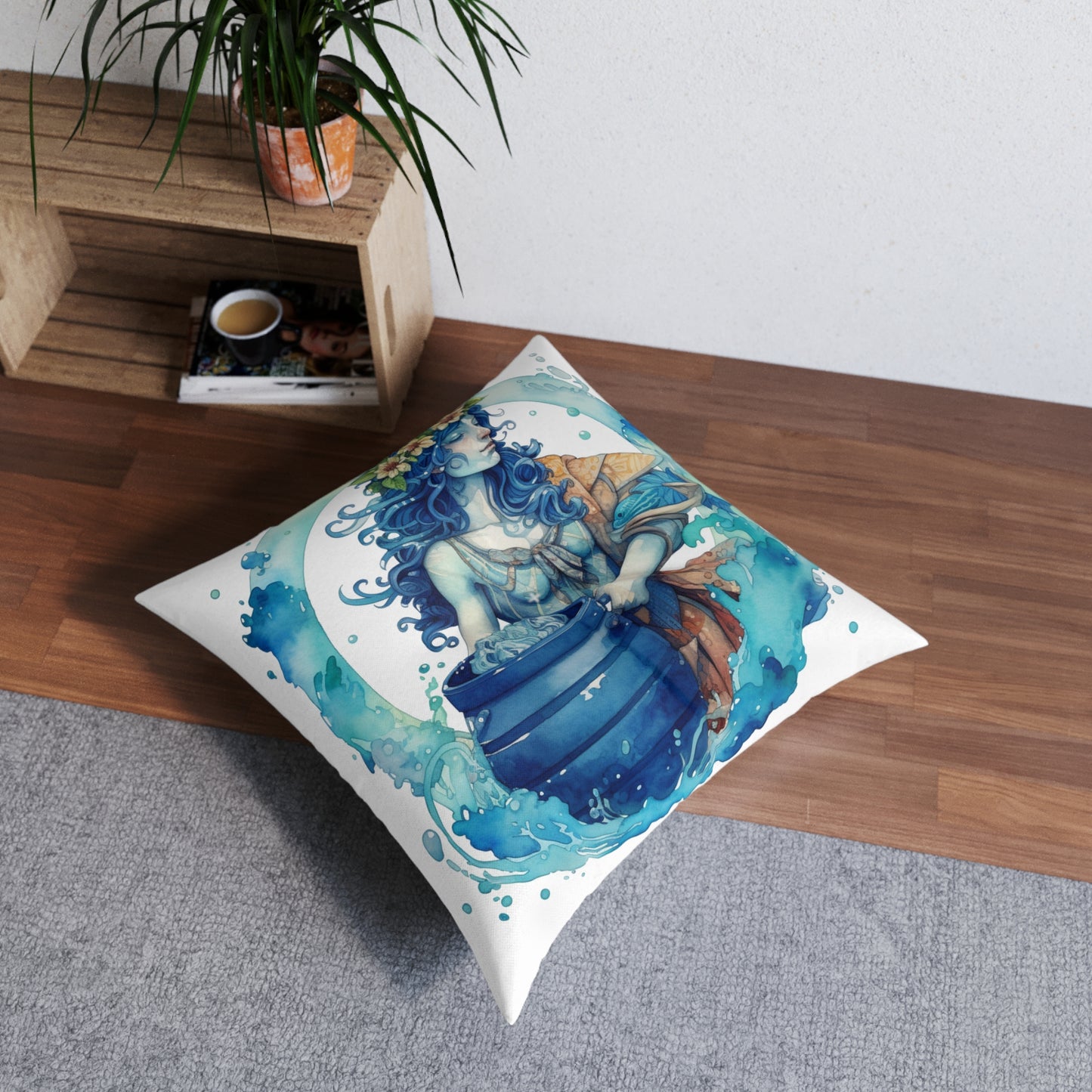 Artistic Aquarius Zodiac - Watercolor Water-Bearer Depiction - Tufted Floor Pillow, Square