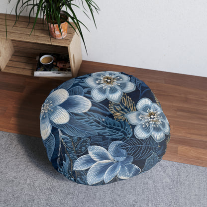 Flower Blossom Embroidery Floral on Denim Style - Tufted Floor Pillow, Round