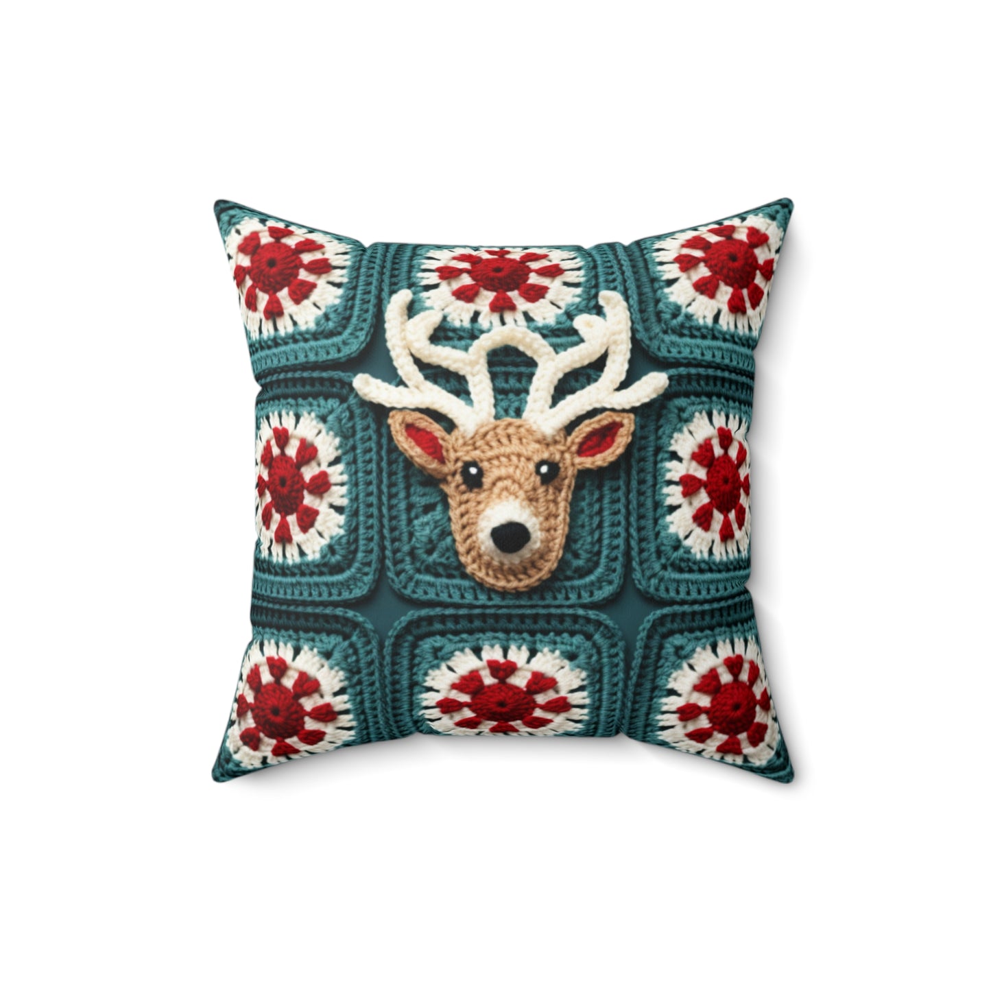 Christmas Reindeer Crochet, Wintry Wonderland Design, Festive Stag Motif. Embrace the Holiday Spirit - Spun Polyester Square Pillow