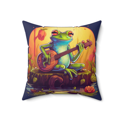 Log Frog Playing Instrument Tune Music Outdoor Swamp Graphic Spun Polyester Square Pillow