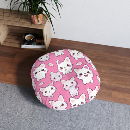 Adorable Cartoon-Style Anime Kitten, Cat, Kitty Pattern - Cute and Colorful - Tufted Floor Pillow, Round