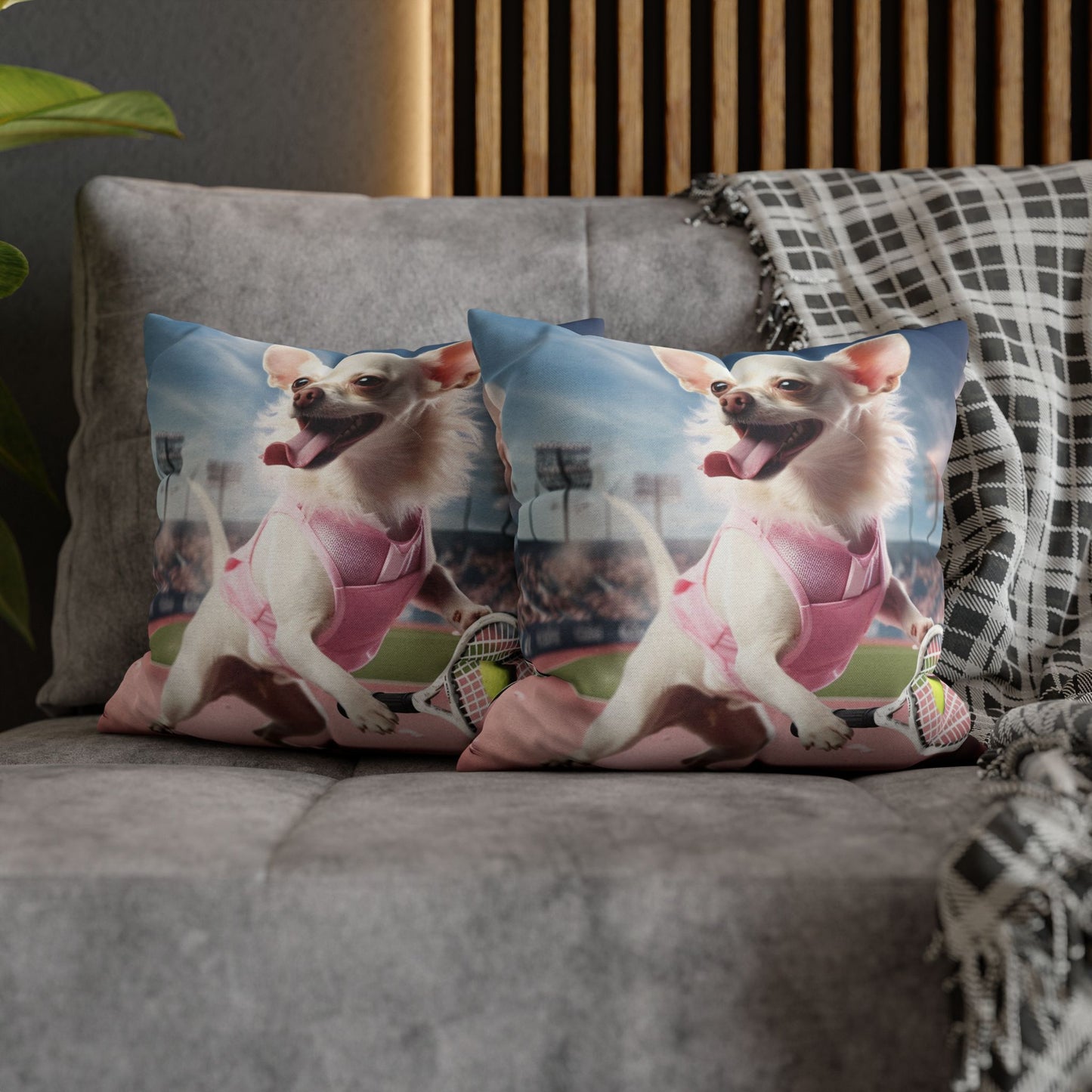 Chihuahua Tennis Ace: Dog Pink Outfit, Court Atheletic Sport Game - Spun Polyester Square Pillow Case