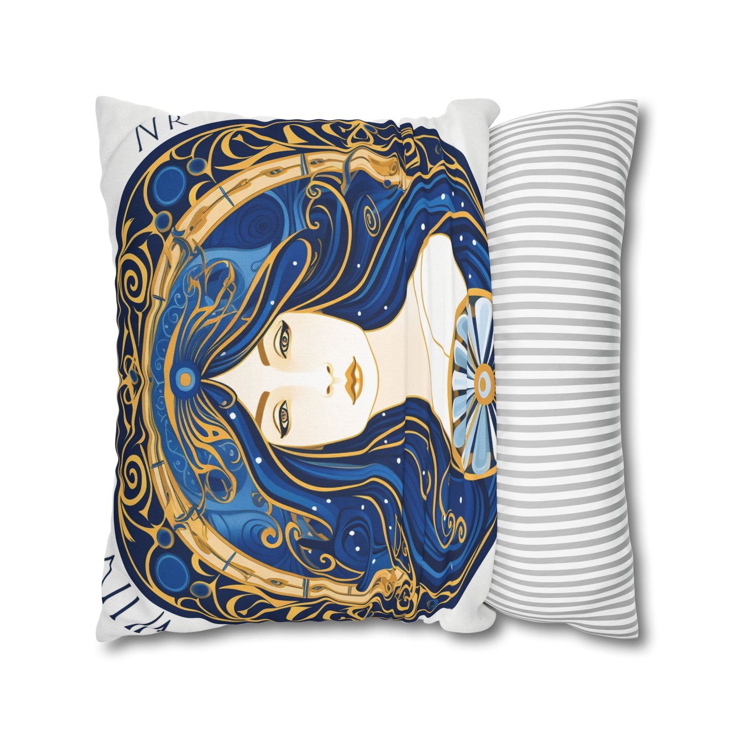 Virgo Zodiac Circular Symmetry in Gold Royal Blue - Spun Polyester Square Pillow Case