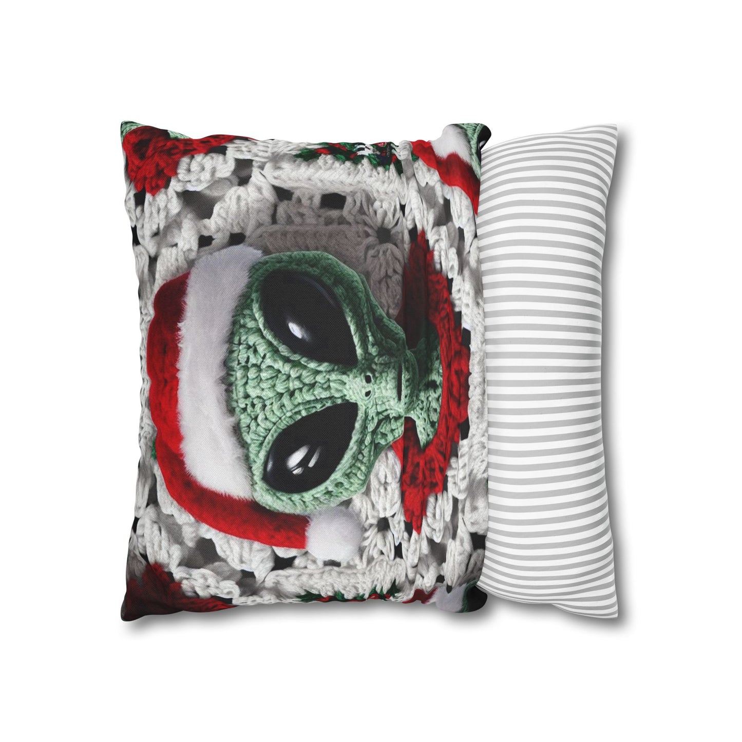 Santa's Cosmic Secret: Jolly Green Christmas Extraterrestrial with Festive Attire Crochet Art - Spun Polyester Square Pillow Case