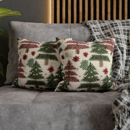 Embroidered Christmas Winter, Festive Holiday Stitching, Classic Seasonal Design - Spun Polyester Square Pillow Case