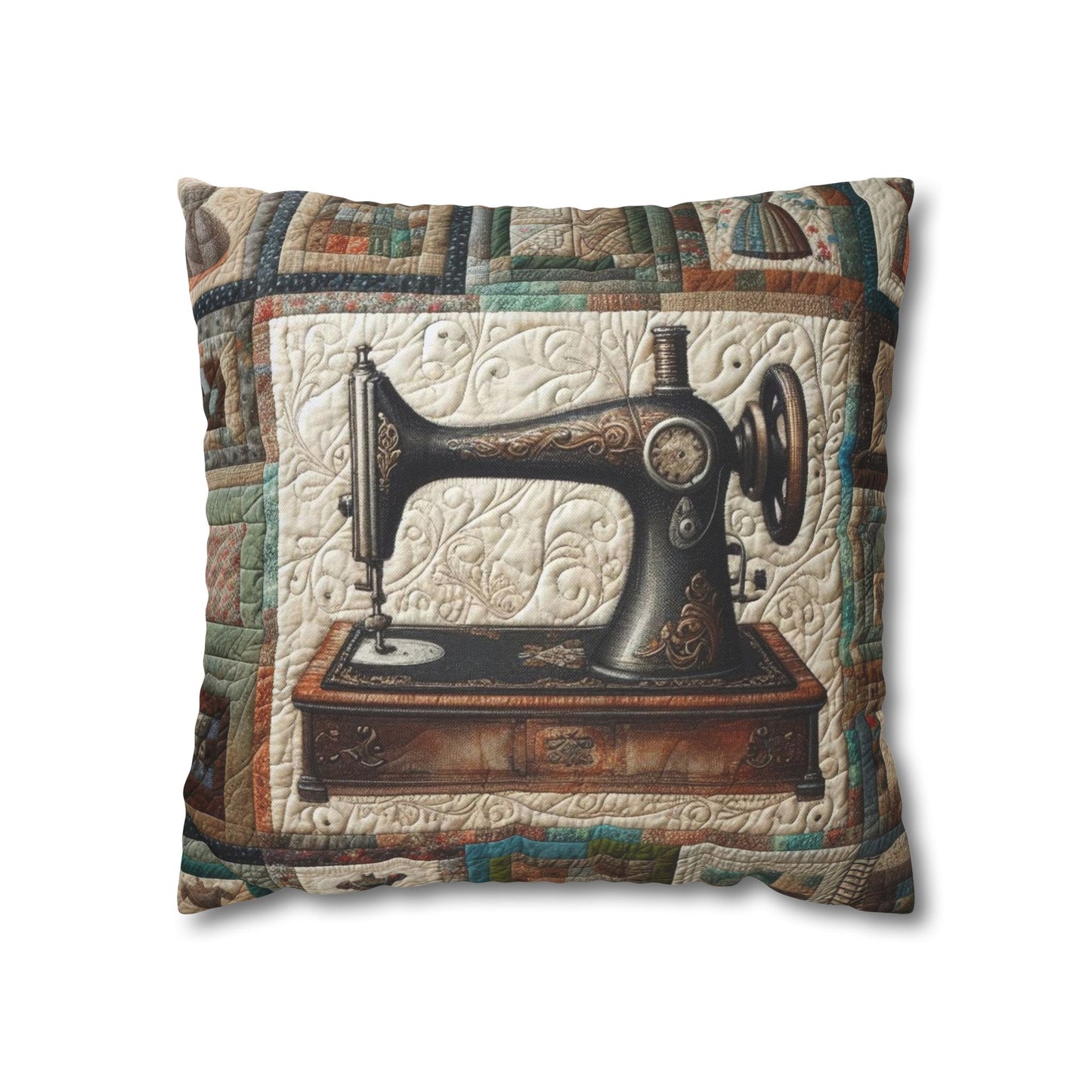 Quilted Sewing Machine, Tailor Craft Patchwork, Heirloom Textile Art - Spun Polyester Square Pillow Case