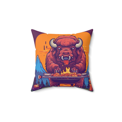 American Bison Grill Cook Food Buffalo Graphic Spun Polyester Square Pillow