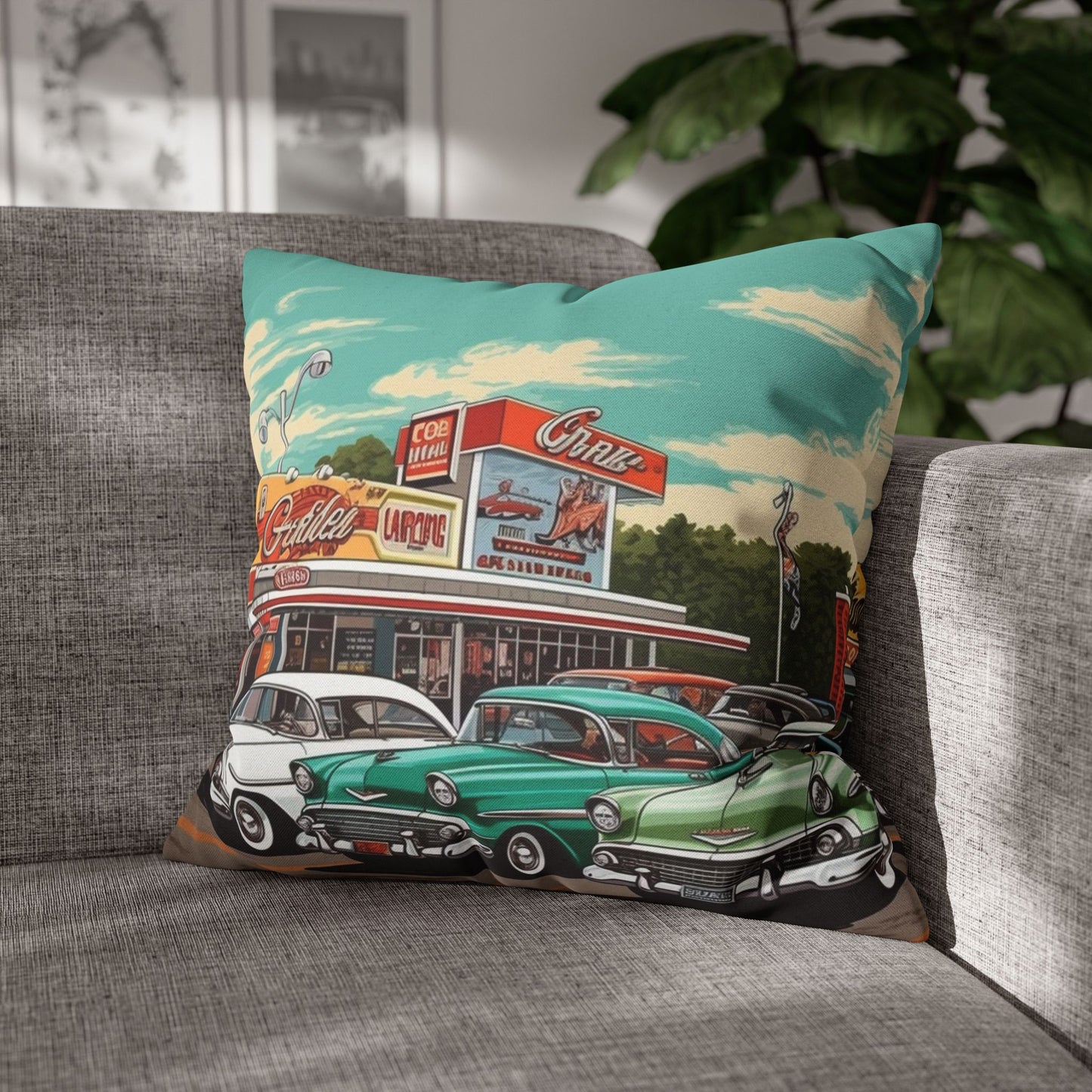 1950s Classic Car Collection Retro Artwork Spun Polyester Square Pillow Case