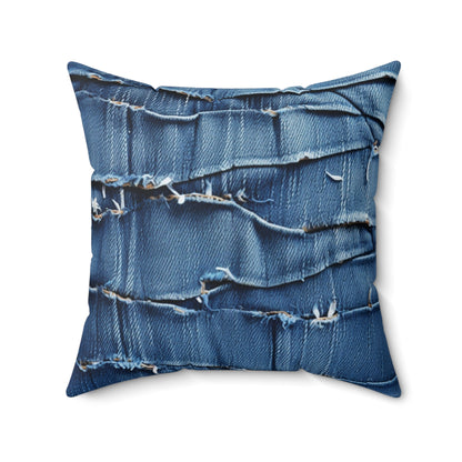 Midnight Blue Distressed Denim: Rugged, Torn & Stylish Design - Spun Polyester Square Pillow