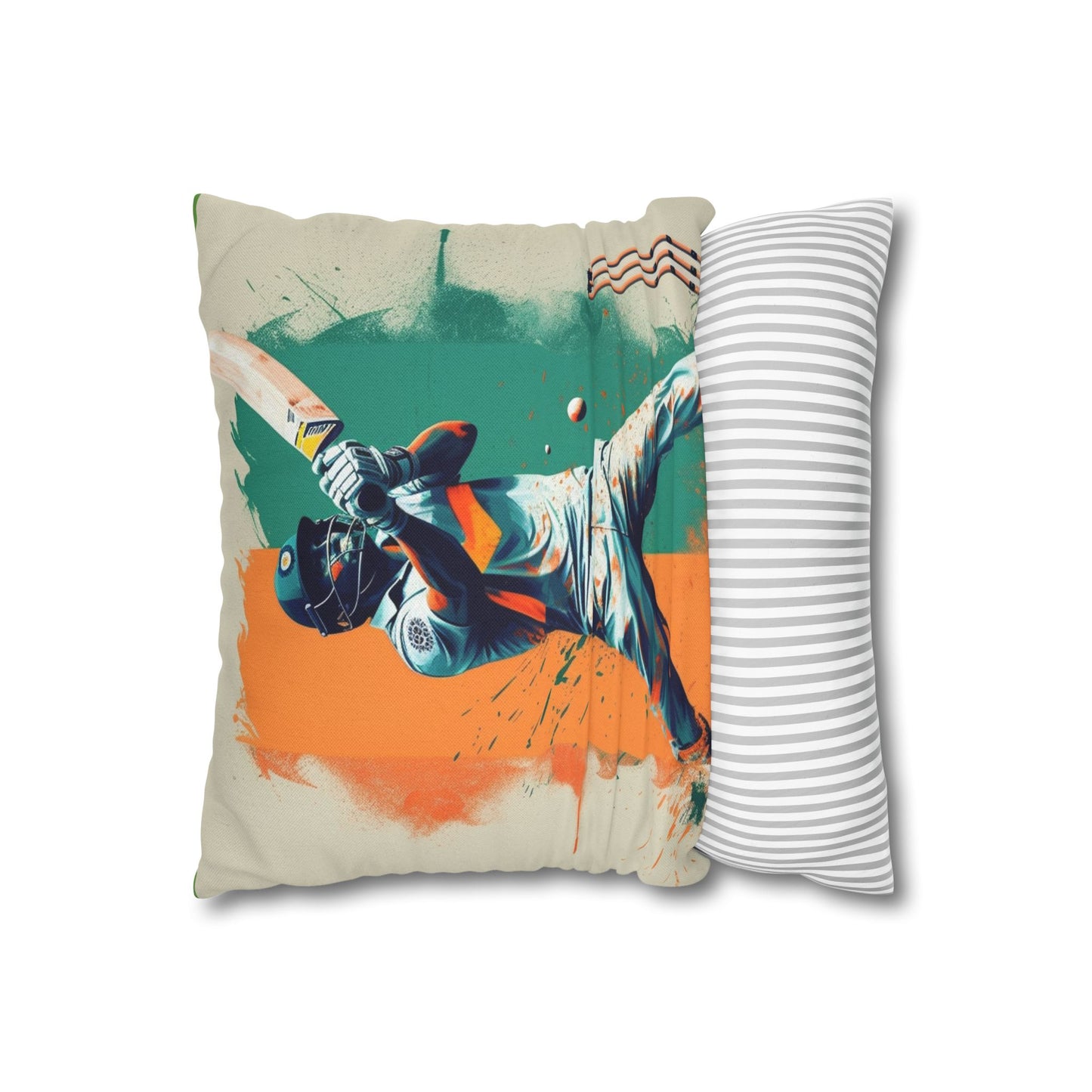 Cricket Batsman, Ball Strike, Indian Flag Color Background - Street Style - Spun Polyester Square Pillow Case