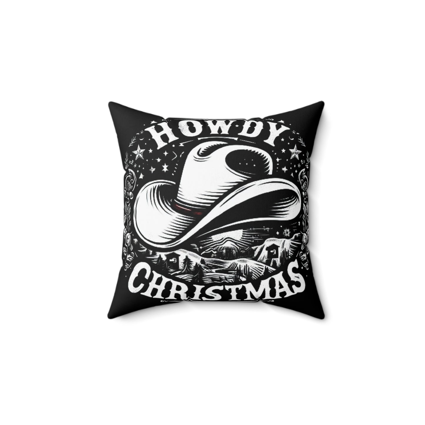 Western Howdy Christmas - Cowboy Hat Starry Winter Scene - Country Holiday Festive Graphic - Spun Polyester Square Pillow