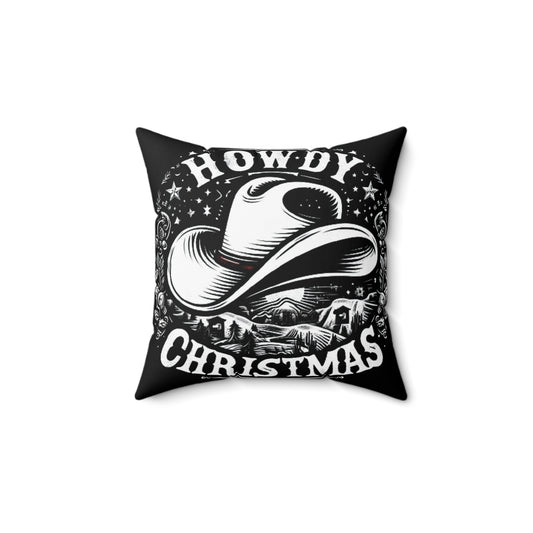 Western Howdy Christmas - Cowboy Hat Starry Winter Scene - Country Holiday Festive Graphic - Spun Polyester Square Pillow