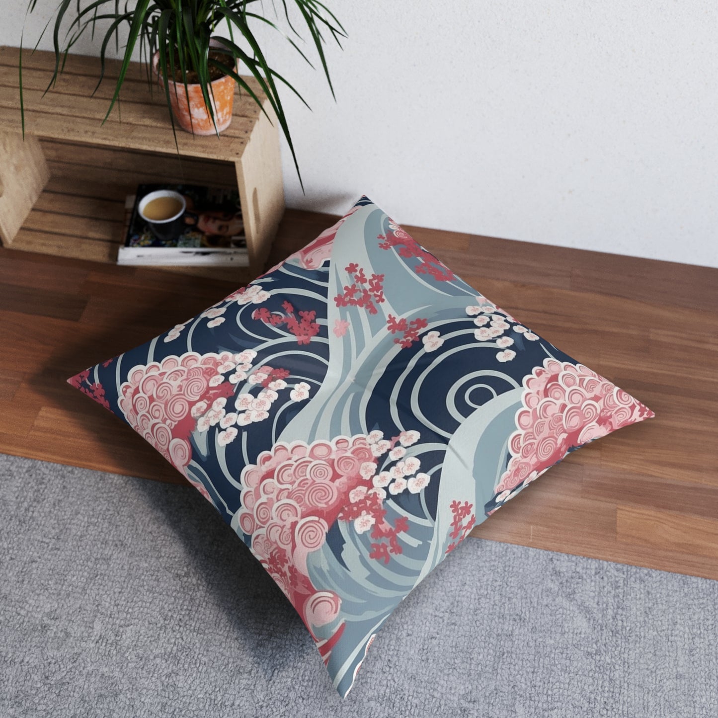 Japanese Minimalist Waves & Cherry Blossoms Pattern Tufted Floor Pillow, Square