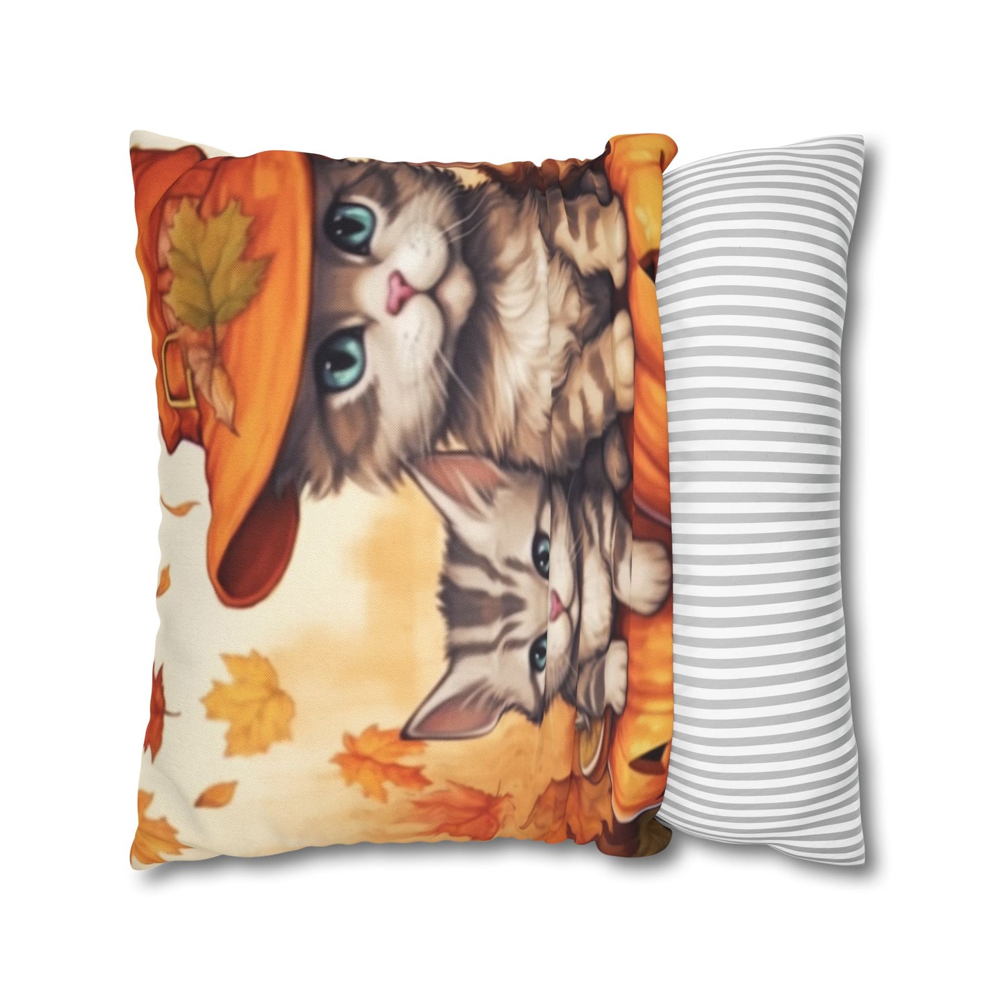 Kitty Cat Kittens Halloween - Cute Furries on Pumpkin - Festive Feline Decor - Spun Polyester Square Pillow Case