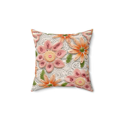 Floral Embroidered Eyelet: Delicate Flower Elegant Pattern - Spun Polyester Square Pillow