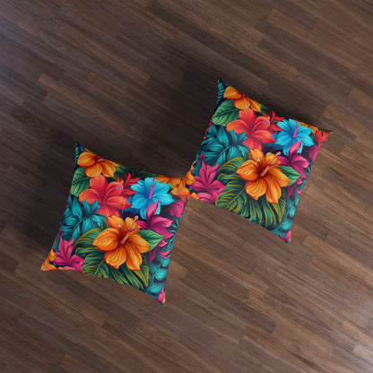 Hawaiian-Inspired Tropical Floral Pattern Design Tufted Floor Pillow, Square