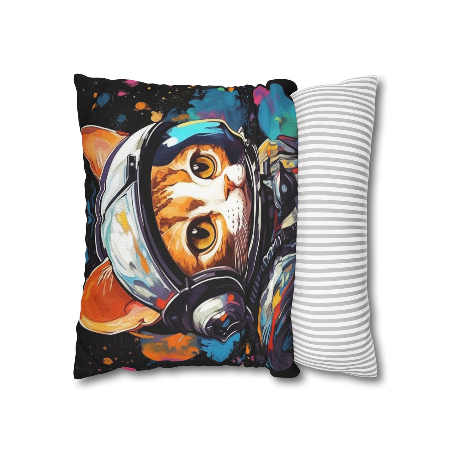 Astro Cat Adventure Feline - Pop Art, Floating in Cosmic Space - Spun Polyester Square Pillow Case