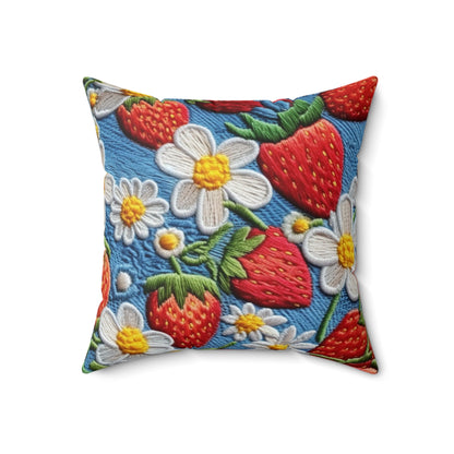 Orchard Berries: Juicy Sweetness from Nature's Garden - Fresh Strawberry Elegance - Spun Polyester Square Pillow