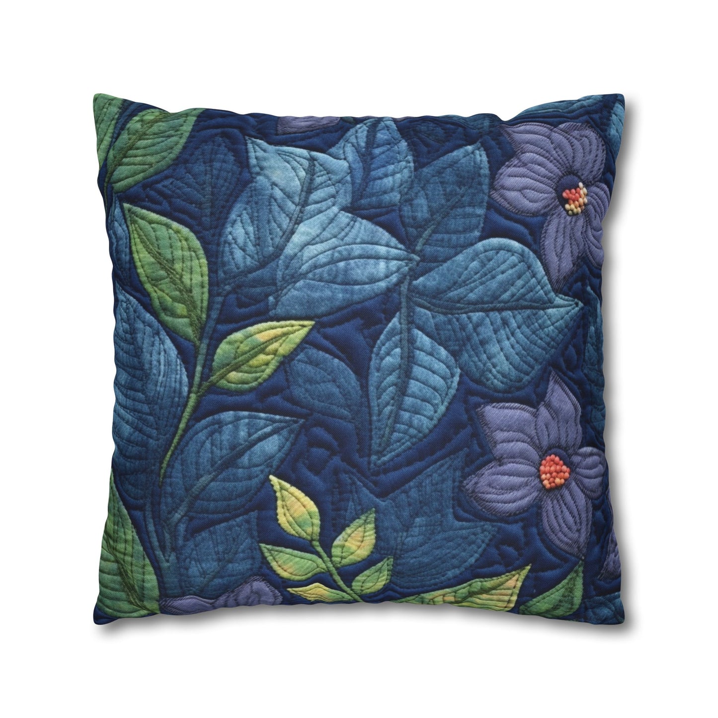 Floral Embroidery Blue: Denim-Inspired, Artisan-Crafted Flower Design - Spun Polyester Square Pillow Case