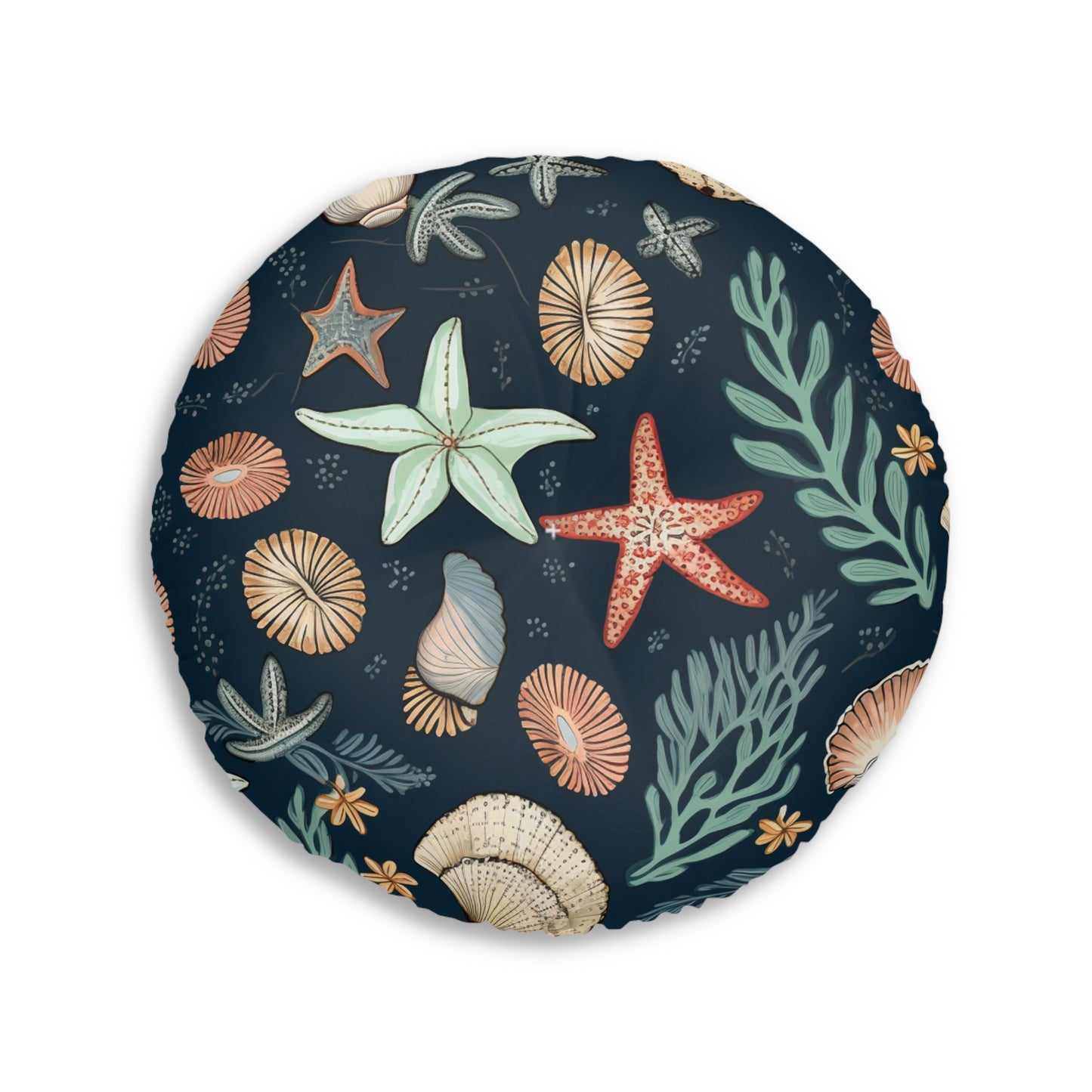 Seashells & Starfish Marine-Inspired Pattern Tufted Floor Pillow, Round