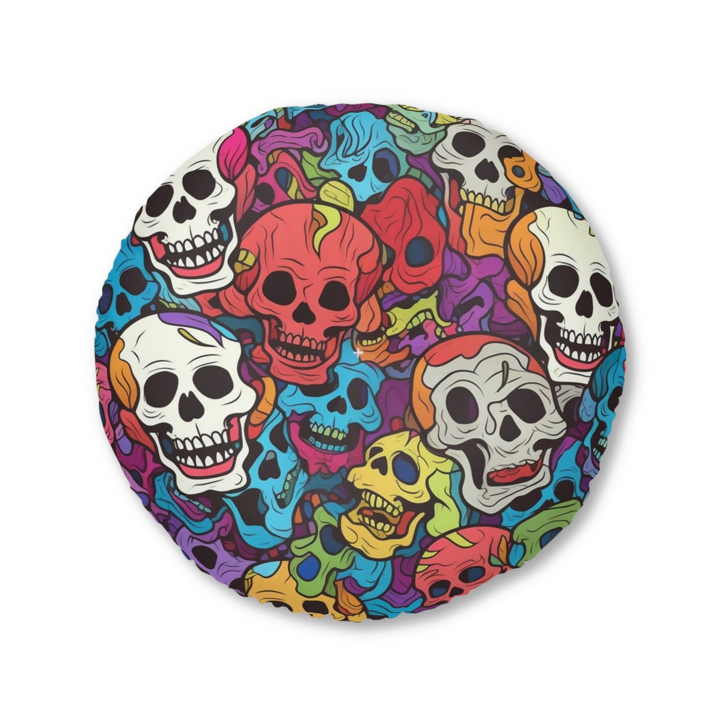 Psychedelic Rainbow Skull Head Pattern, Vibrant Colors - Tufted Floor Pillow, Round