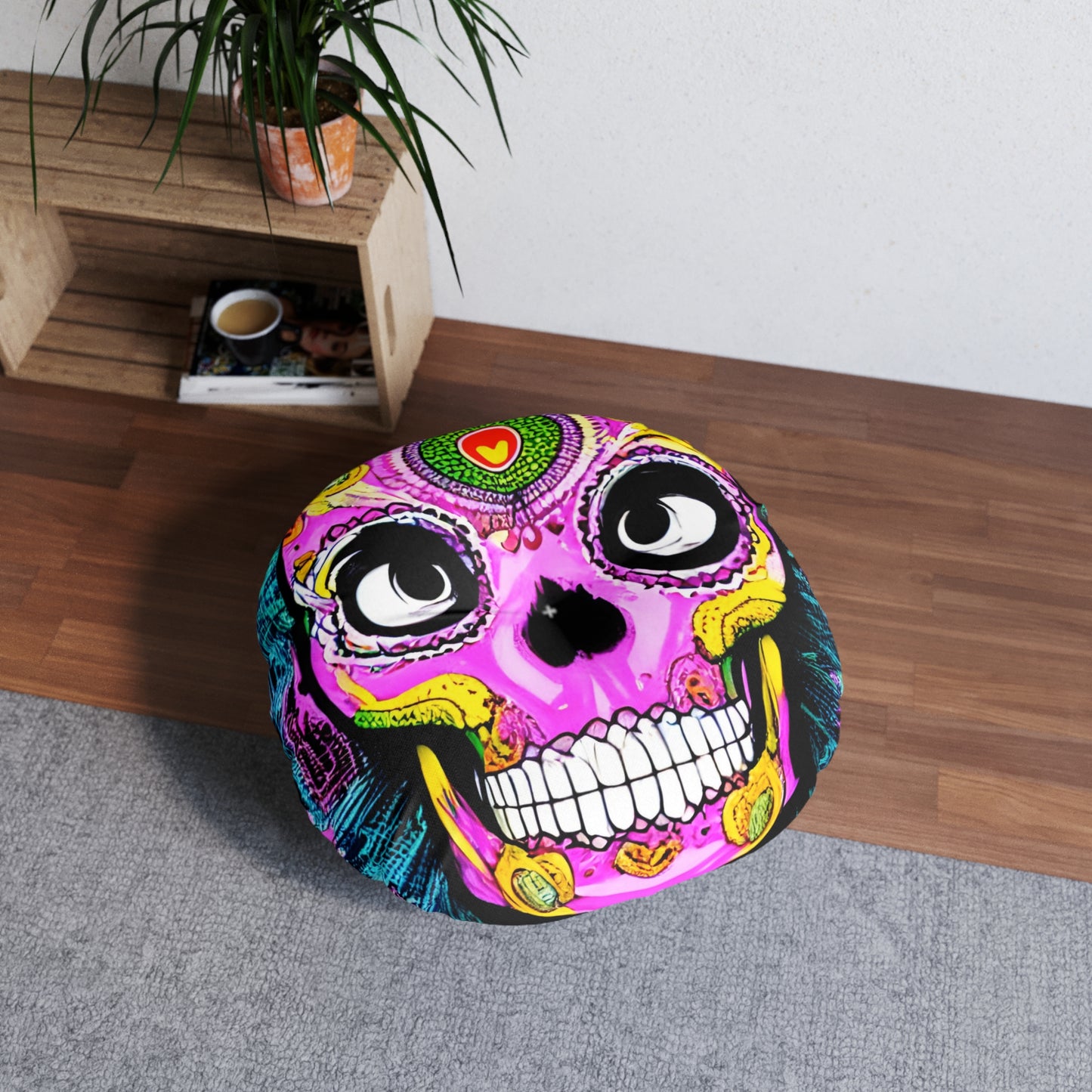 Trippy psychedelic Skull Skeleton Head Face Tufted Floor Pillow, Round