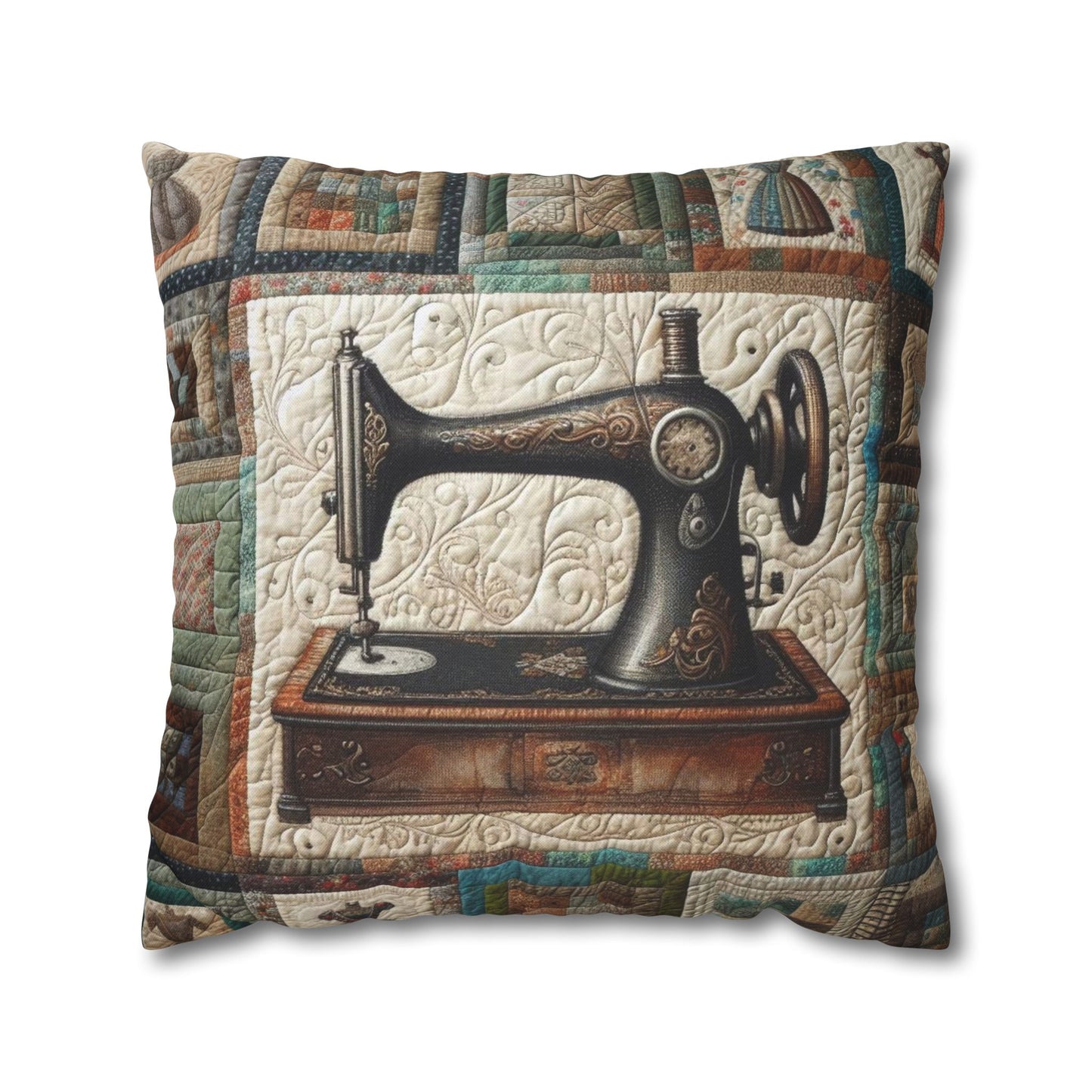 Quilted Sewing Machine, Tailor Craft Patchwork, Heirloom Textile Art - Spun Polyester Square Pillow Case