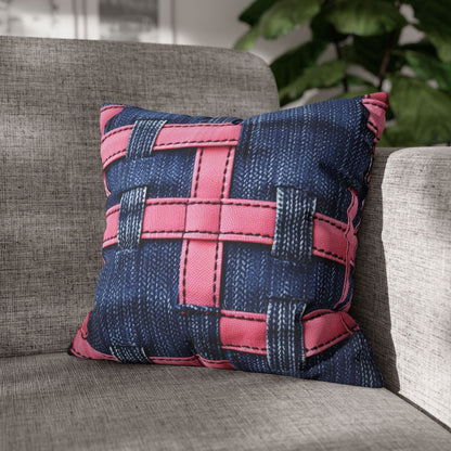 Candy-Striped Crossover: Pink Denim Ribbons Dancing on Blue Stage - Spun Polyester Square Pillow Case