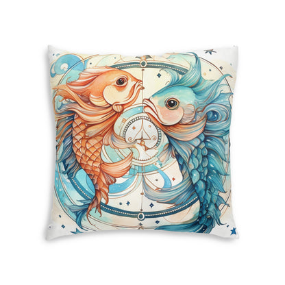 Pisces Zodiac Horoscope - Starry Watercolor & Ink, Hyper-Detailed Fish Tufted Floor Pillow, Square