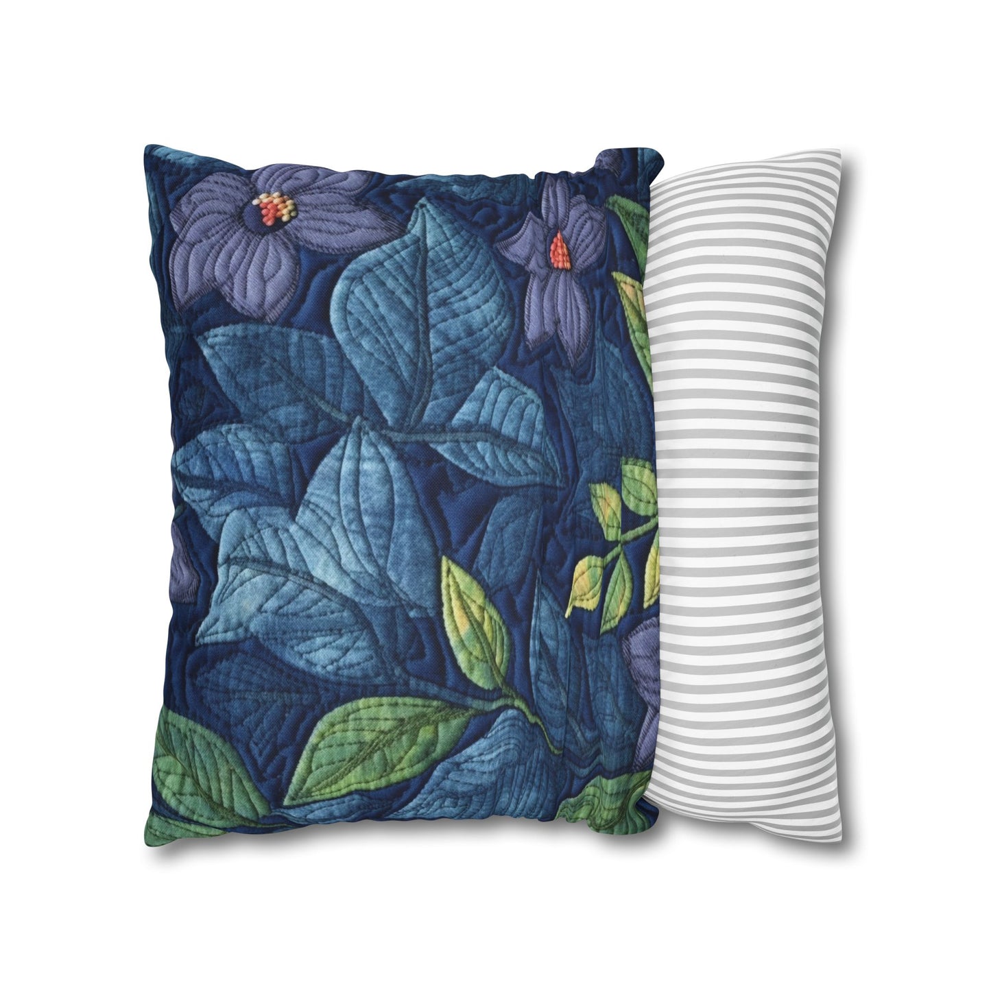 Floral Embroidery Blue: Denim-Inspired, Artisan-Crafted Flower Design - Spun Polyester Square Pillow Case