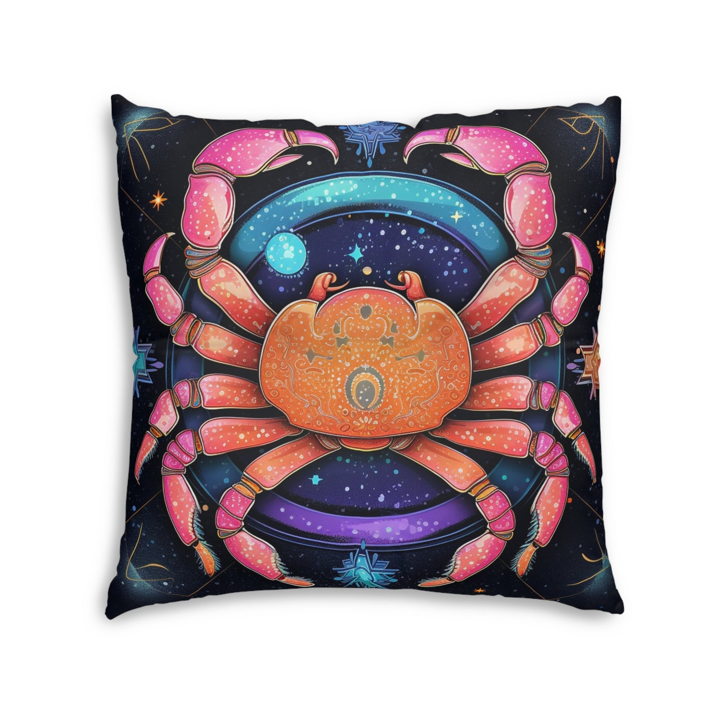 Rainbow Celestial Crab - Vibrant Cancer Zodiac Sign Art - Tufted Floor Pillow, Square