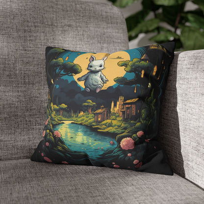 White Rabbit Mystery Psychedelic Fantasy Anime Cartoon Bunny - Spun Polyester Square Pillow Case