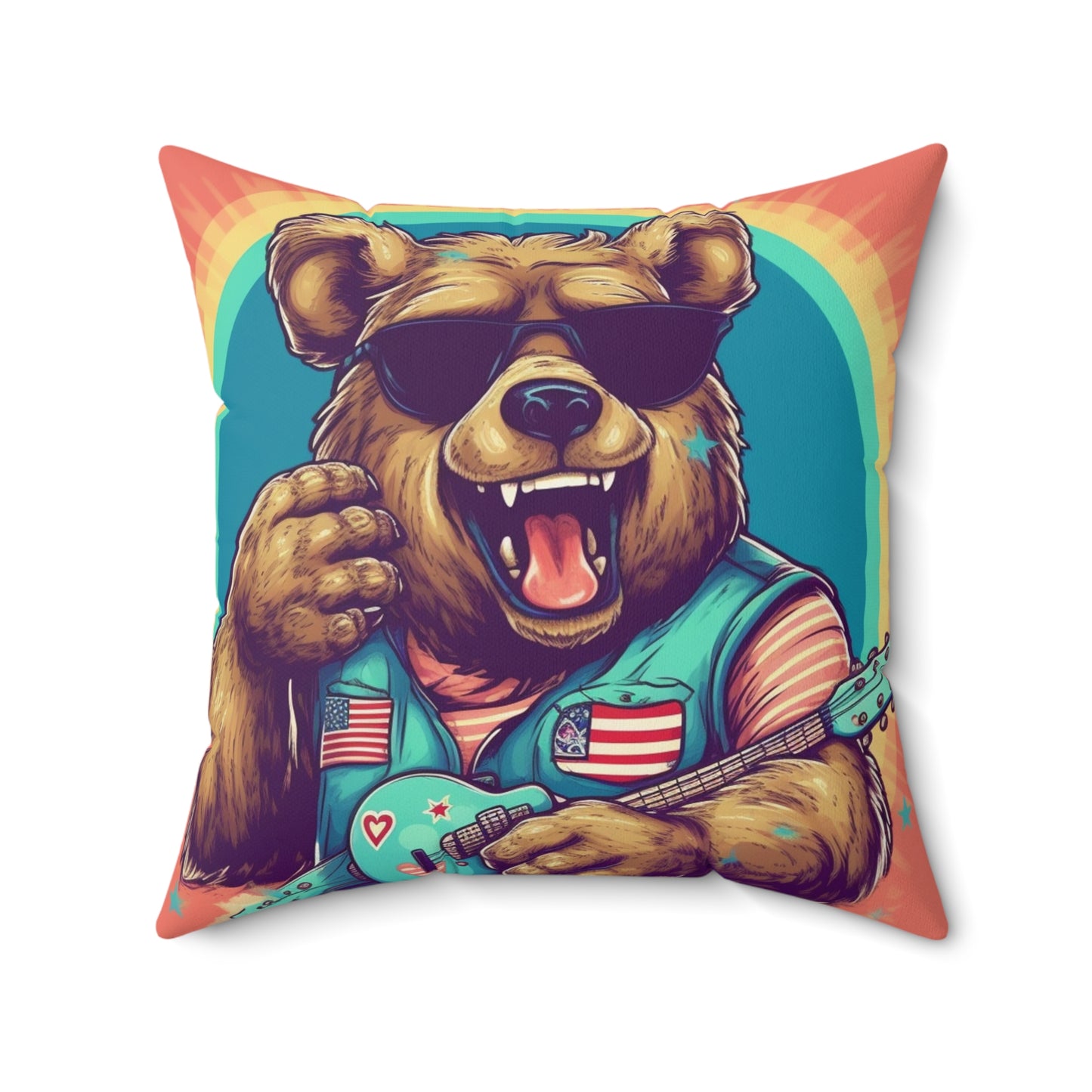 Mandolin Ukulele Guitar Instrument Furry USA Bear Animal Spun Polyester Square Pillow