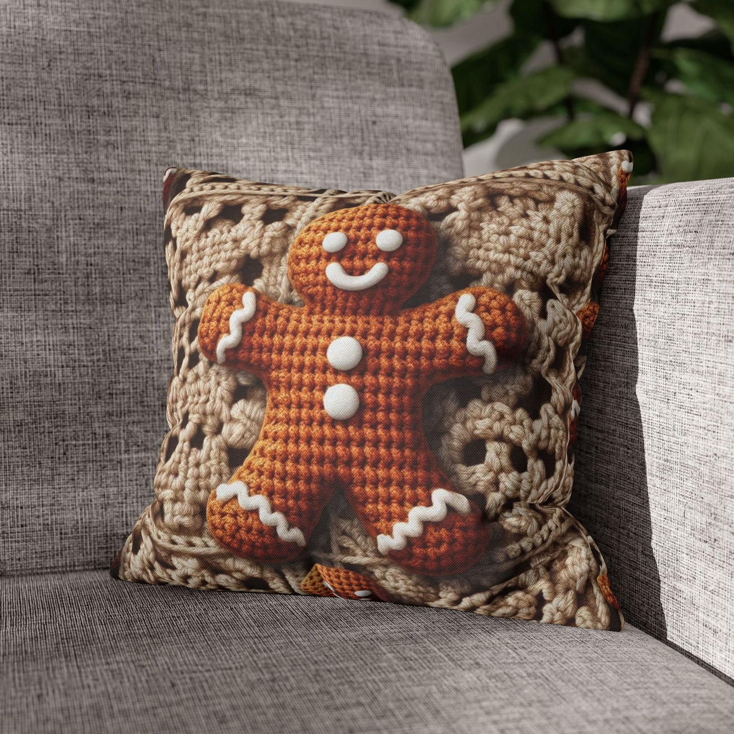 Rustic Gingerbread Delights: Christmas Crochet Gingerbread Men on Classic Beige Granny Squares - Spun Polyester Square Pillow Case