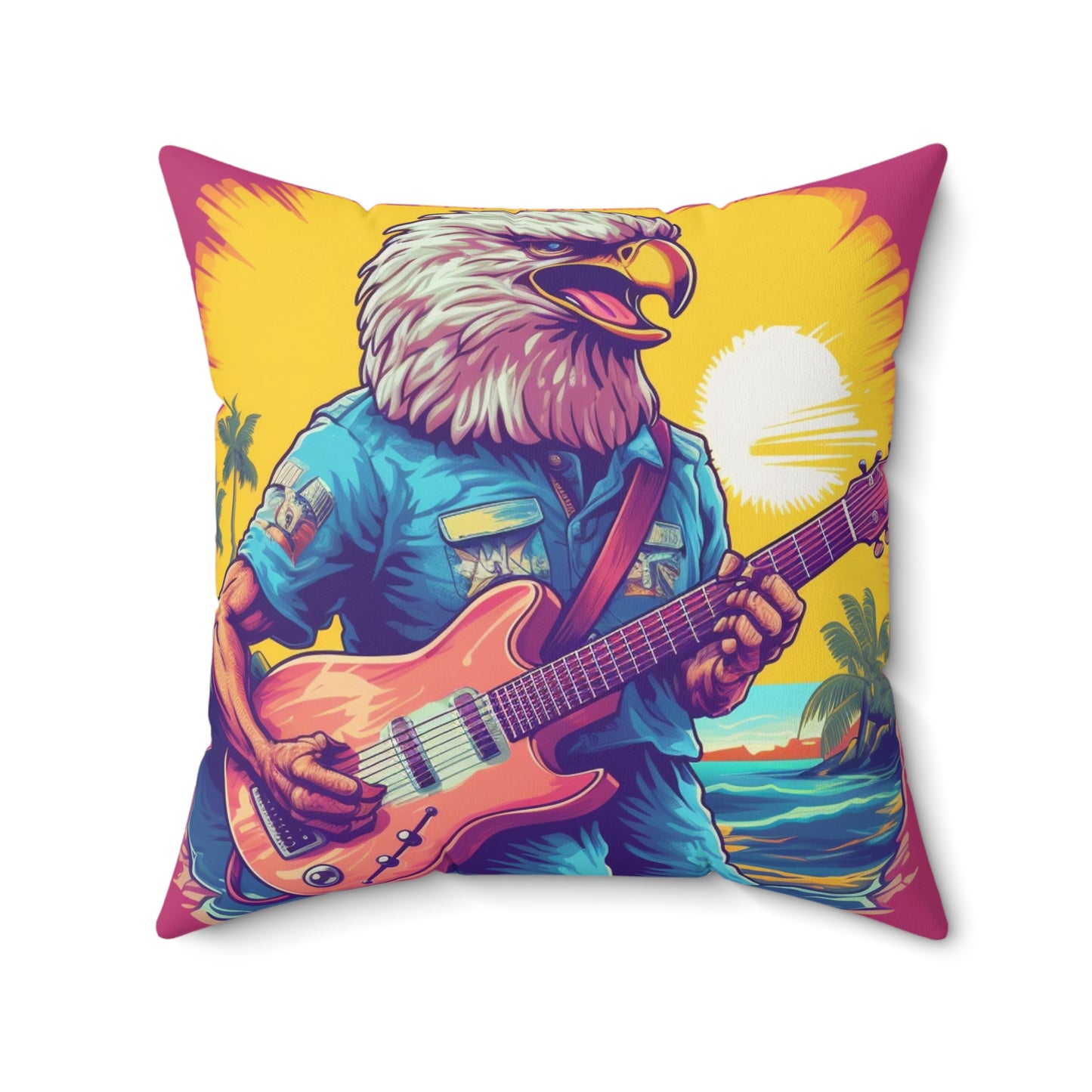 American Rock Star: Bald Eagle with Guitar Graphic Spun Polyester Square Pillow