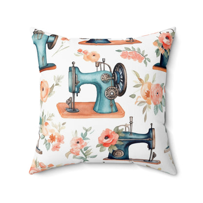 Watercolor Sewing Machines & Floral Bouquets: Antique Feminine Minimalist Styling - Spun Polyester Square Pillow