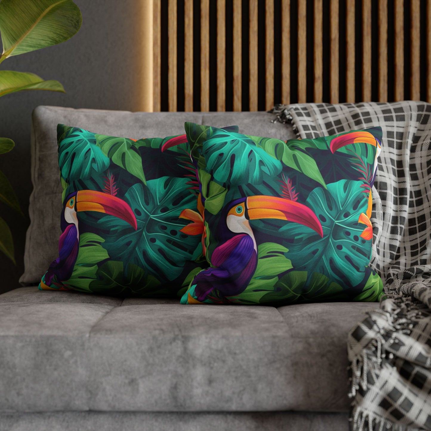 Vivid Tropical Birds & Leaves - Seamless Pattern Spun Polyester Square Pillow Case