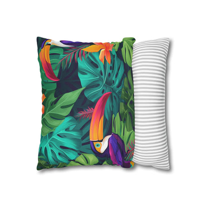 Vivid Tropical Birds & Leaves - Seamless Pattern Spun Polyester Square Pillow Case