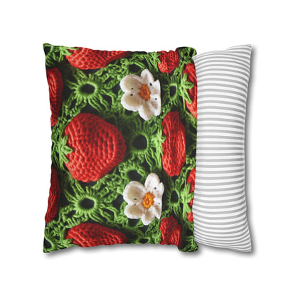 Strawberry Field Crochet - Forever Forest Greens - Fruit Berry Harvest Crop - Spun Polyester Square Pillow Case